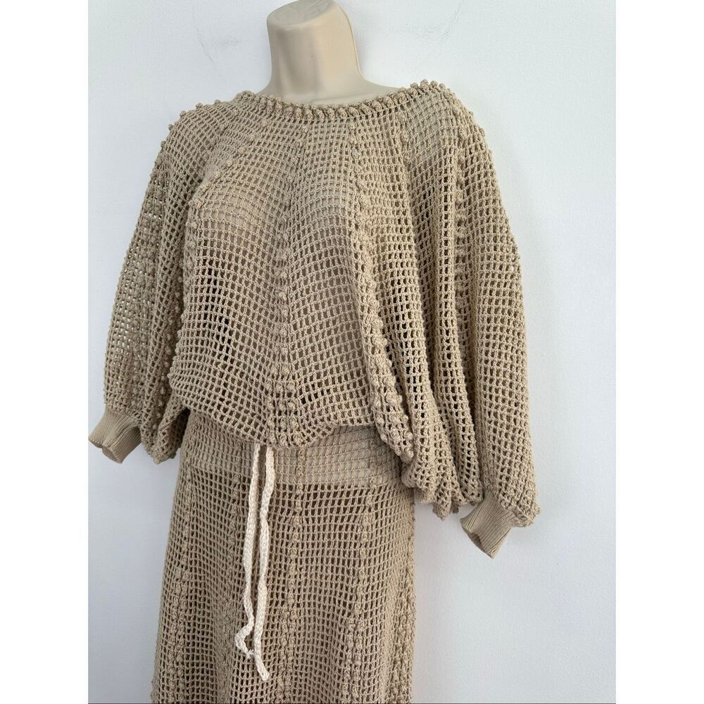 J.M. Pink Women’s Vintage Tan Cream Crochet Open Knit Two Piece Dolman Sleeve Ma - Picture 13 of 14